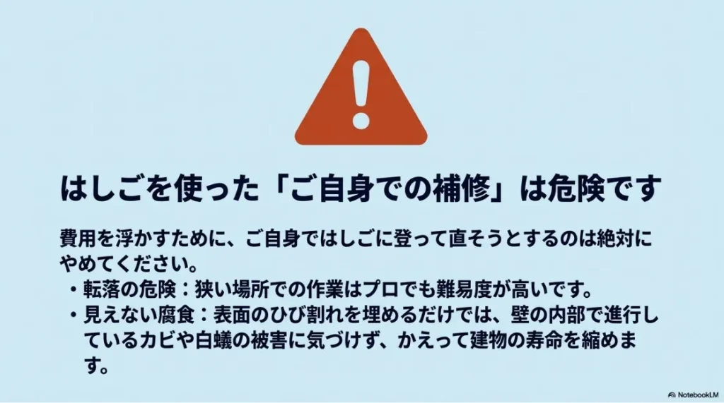はしごを使った自身での補修の危険性を警告するスライド。転落リスクや内部の腐食を見逃すリスクを説明。