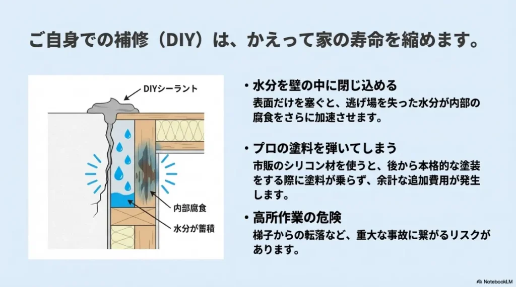 DIYで表面だけを塞ぐと内部に水が溜まり腐食が加速することを説明する図解