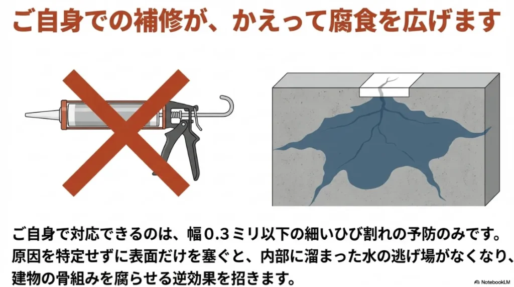 原因を特定せず表面だけを塞ぐと、内部に水が溜まり骨組みを腐らせる逆効果を招くことを説明する図