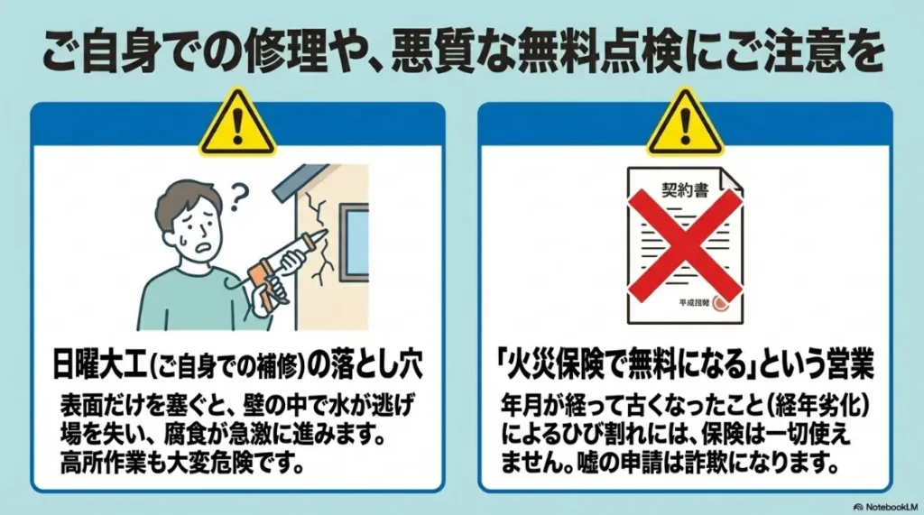 DIY補修による内部腐食のリスクと、「火災保険で無料」という虚偽の営業に対する注意喚起のイラスト。