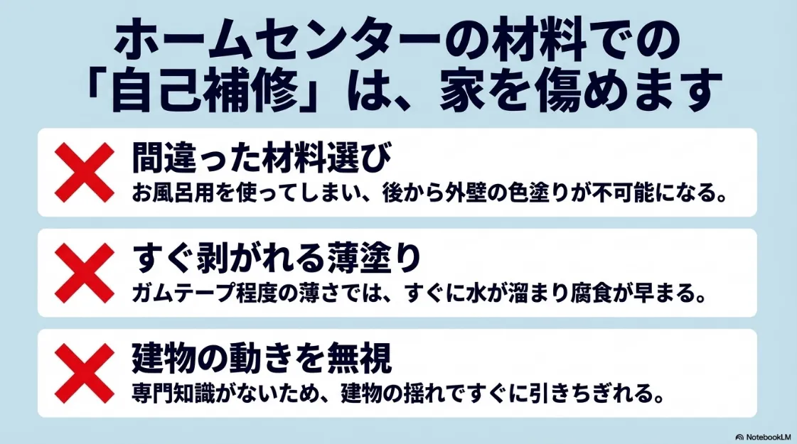 間違った材料選び、薄塗り、建物の動きを無視したDIY施工が引き起こす問題点