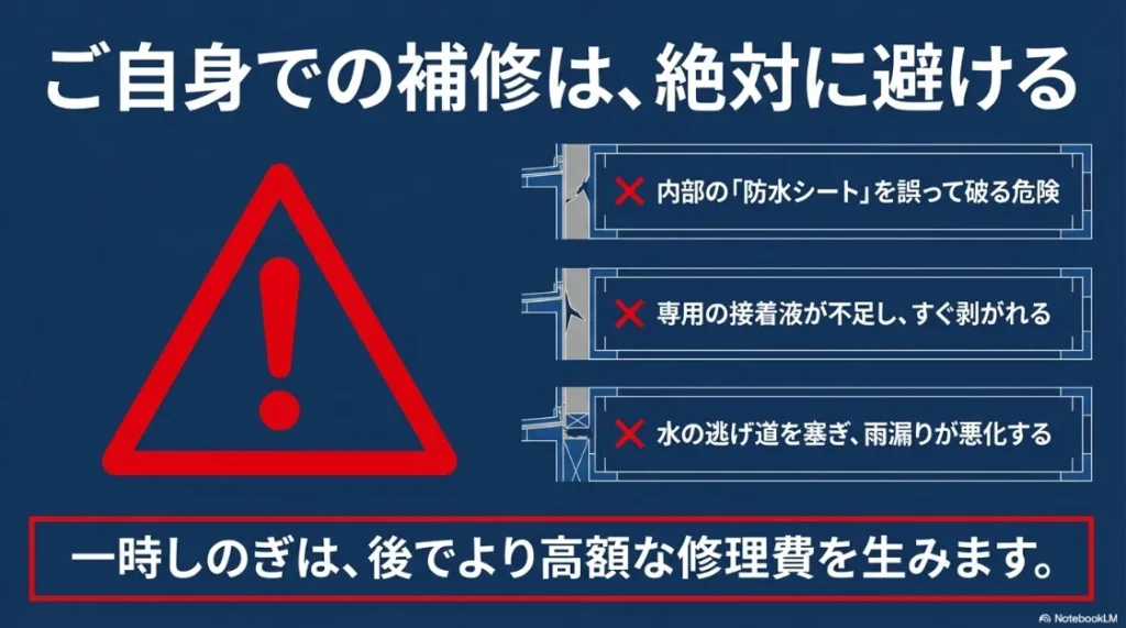 防水シートの破損や接着不良など、DIYでの補修に潜むリスクの解説