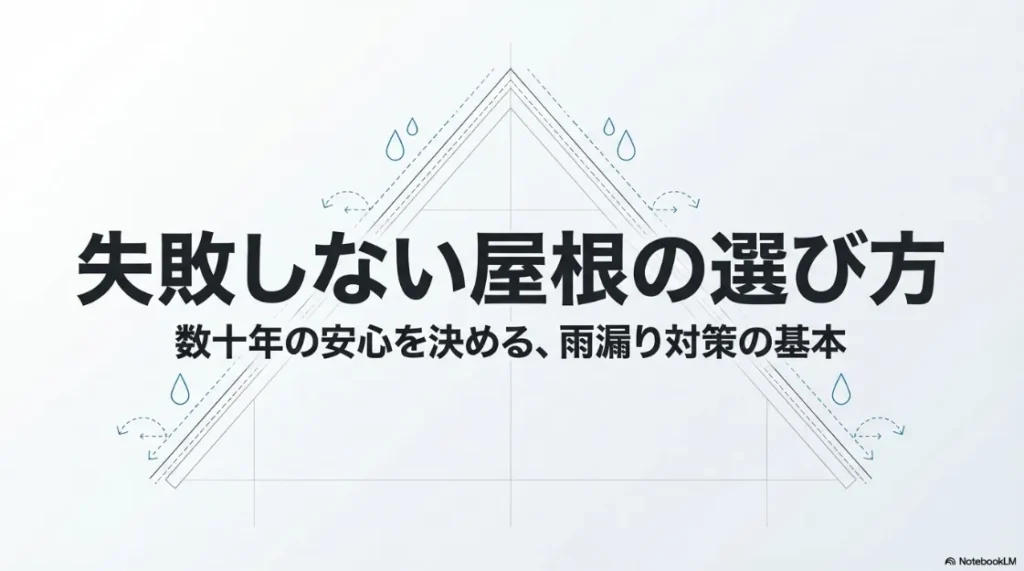 雨漏り対策の基本を解説する「失敗しない屋根の選び方」のタイトル画像。