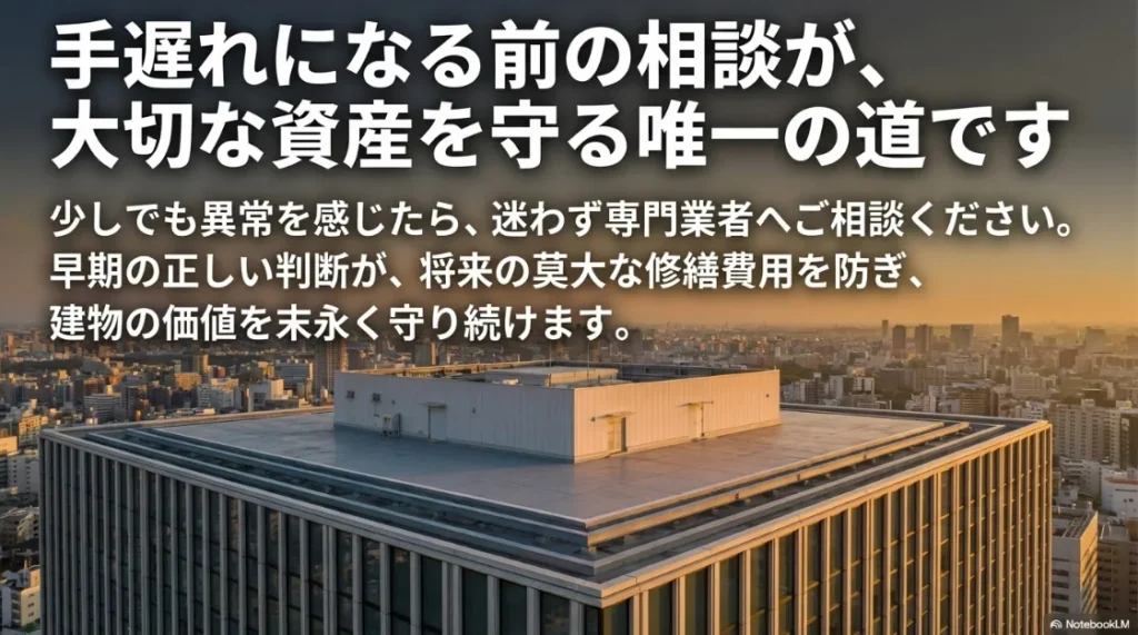 手遅れになる前の相談が将来の莫大な修繕費用を防ぎ建物の価値を守るというメッセージ