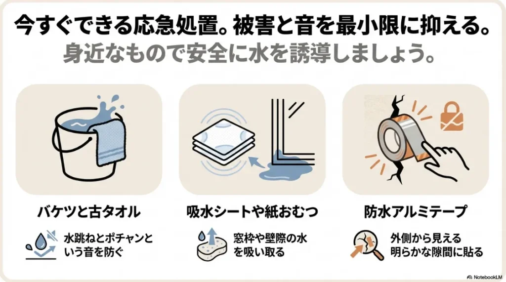 バケツ、古タオル、吸水シート、防水テープの活用法