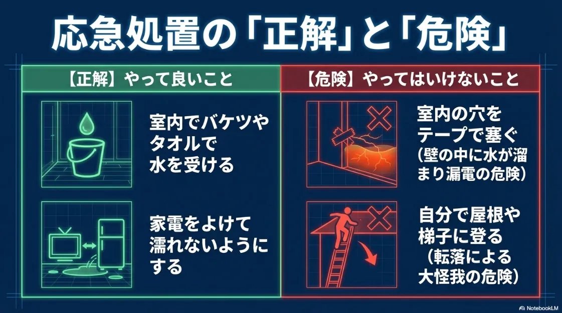 室内で水を受ける正しい処置と、穴を塞ぐ・屋根に登る等の危険なNG行動