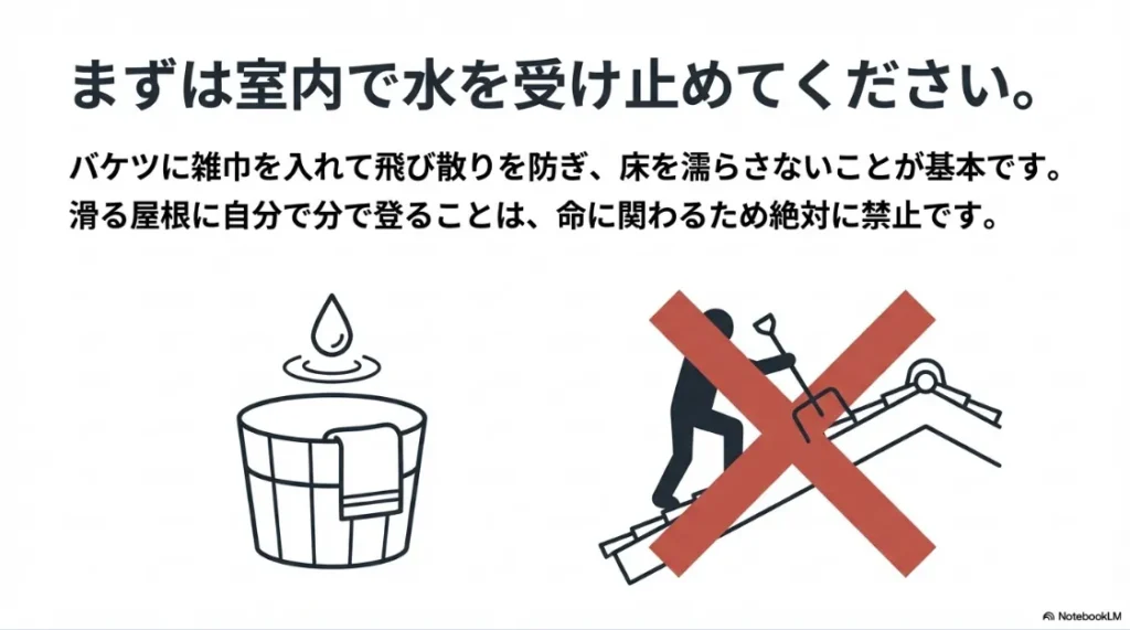 バケツでの水受け方法と、滑りやすい屋根への登攀（とうはん）を禁止するアイコンが描かれたスライド