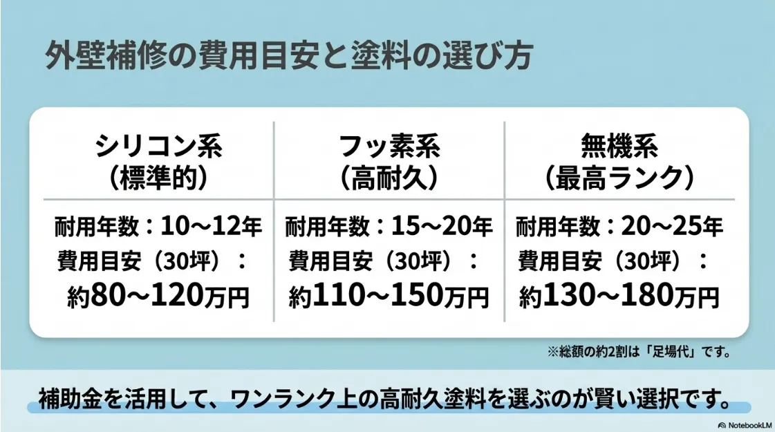 シリコン系・フッ素系・無機系塗料の耐用年数と30坪あたりの費用目安を比較した表 。総額の約2割は足場代が占めます 。