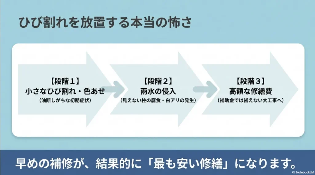 外壁のひび割れ放置による3段階のリスク図 。初期のひび割れから雨水の侵入による腐食や白アリ発生を経て 、最終的に高額な修繕費がかかる恐ろしさを説明