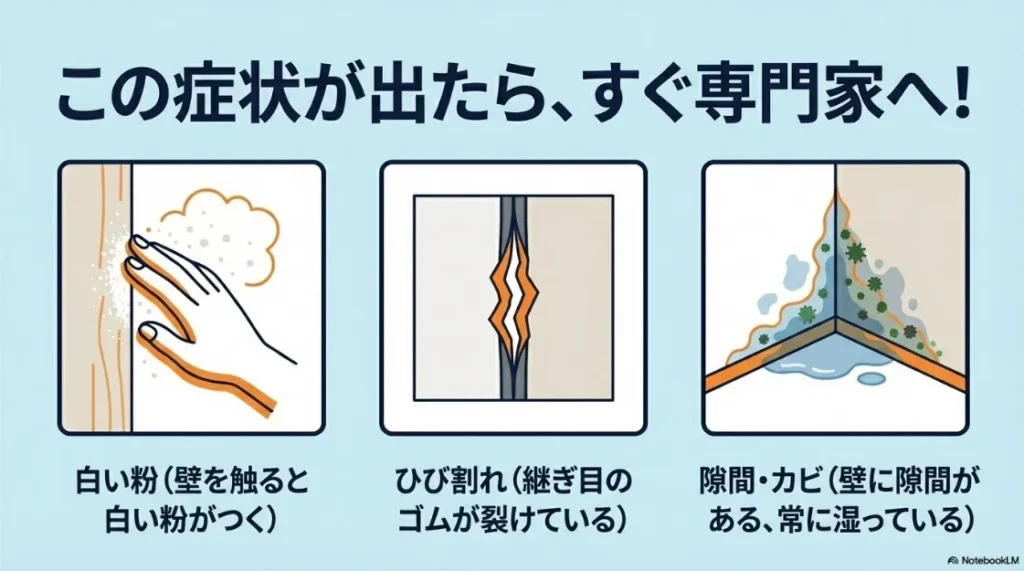 チョーキング現象（白い粉）、継ぎ目のひび割れ、隙間やカビなど、外壁塗装やシーリング補修が必要なサインを説明する図解。