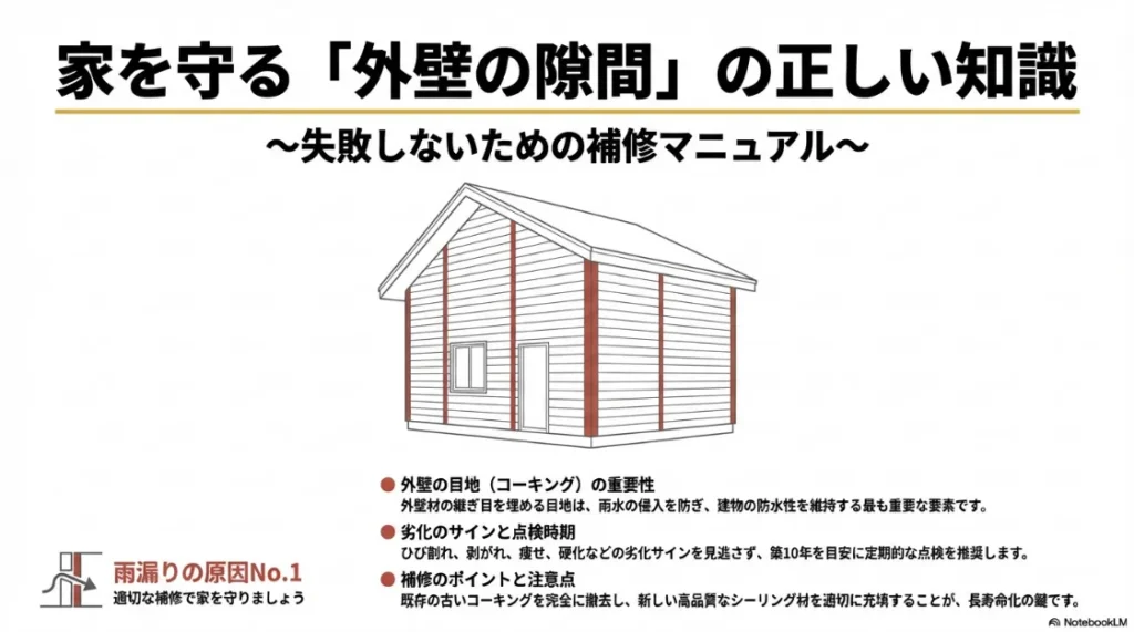住宅の外壁目地の重要性を解説するイラスト。雨漏り原因No.1であることや築10年での点検推奨を記載