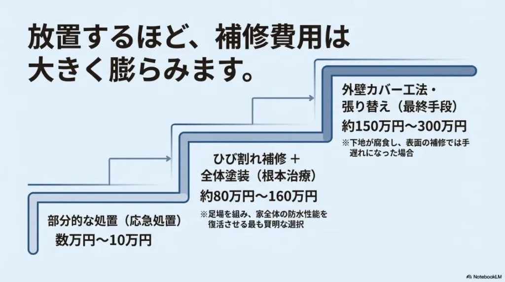 部分補修、全体塗装、張り替え工事それぞれの費用目安と適応状態をまとめた表