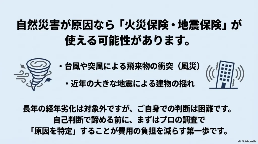 台風や地震などの自然災害が原因のひび割れに保険が適用できる可能性を示すイメージ図