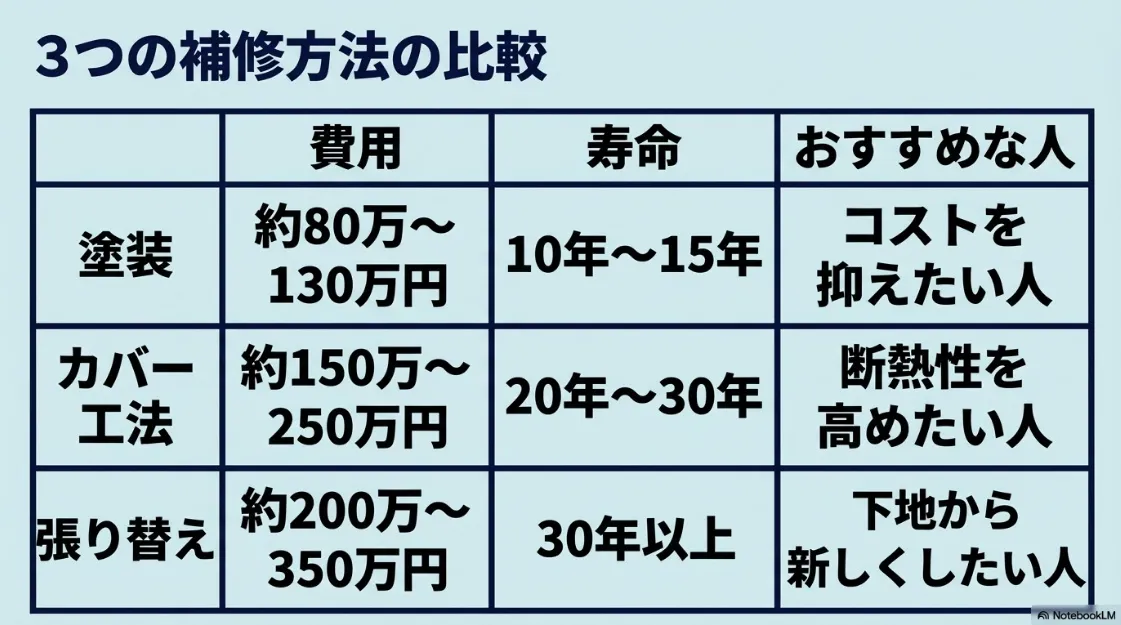 塗装、カバー工法、張り替えの3つの補修方法の費用、寿命、おすすめな人を比較した表。