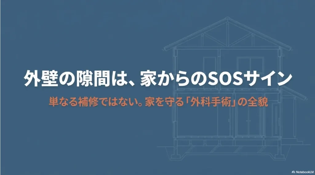 外壁の隙間をSOSサインとして捉え、家を守るための補修の重要性を示すイメージ