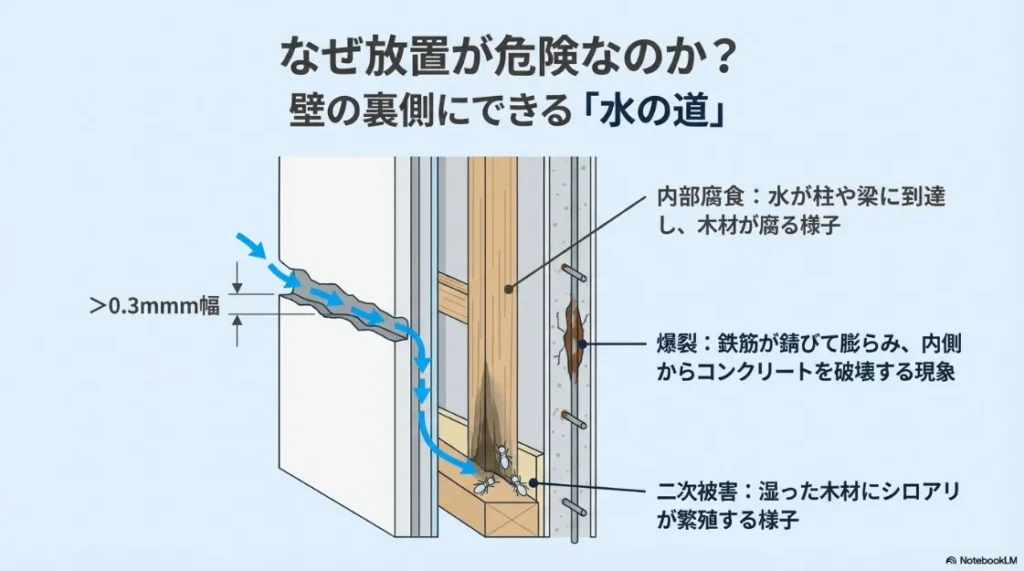 外壁のひびから浸入した雨水が柱を腐らせ、シロアリを誘発する様子を図解したイラスト