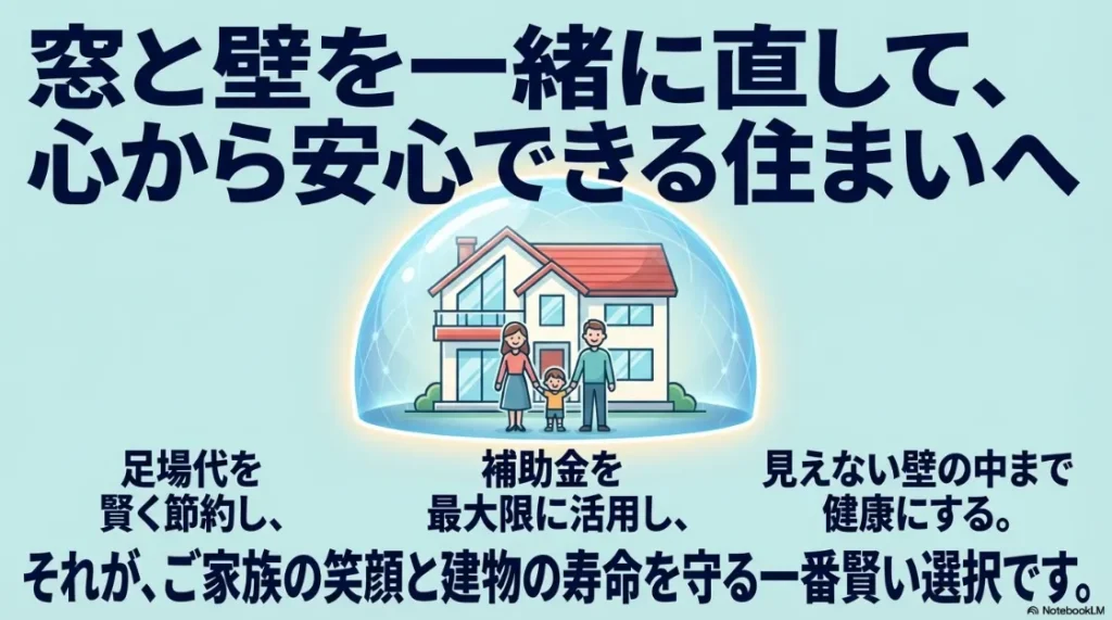 窓と外壁を一緒に直し、足場代節約と補助金活用で健康な住まいと家族の笑顔を守ることを示すまとめ画像。