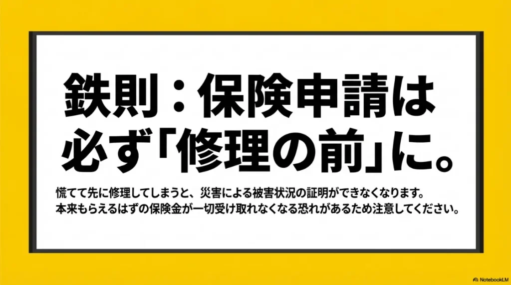 修理後に申請すると被害証明ができず保険金が受け取れないリスクの警告