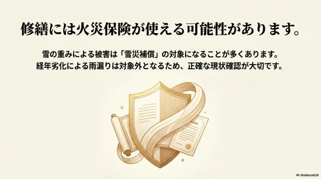 盾と書類のイラストと共に、雪の重みによる被害には火災保険の「雪災補償」が使える可能性があることを示すスライド