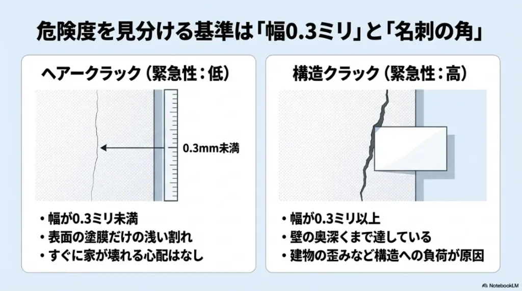 0.3ミリを境にしたヘアークラックと構造クラックの違い、緊急度の差をまとめた比較図