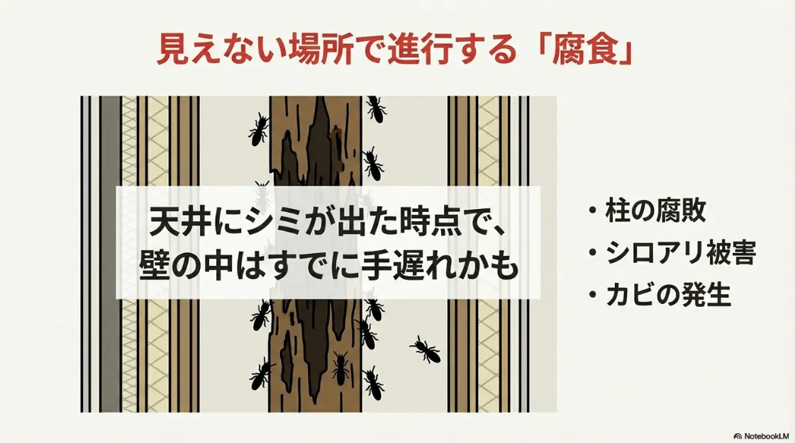 湿った壁の内部で柱が腐り、シロアリが発生している様子を示すイメージ図