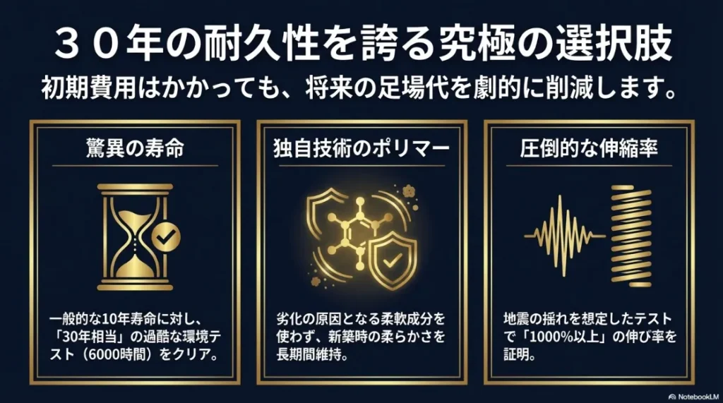 一般的な材料の3倍にあたる30年の耐久性と、驚異的な伸縮率を持つ高耐久シーリングの紹介