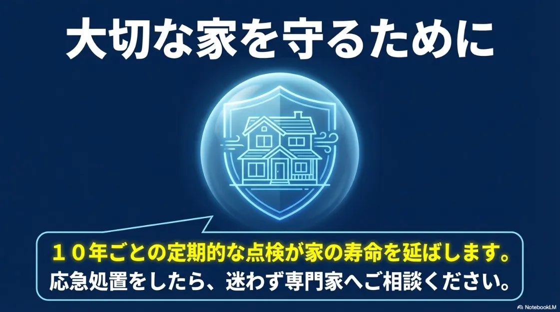 大切な家を守るための10年ごとの定期点検と専門家への相談を推奨するまとめ画像