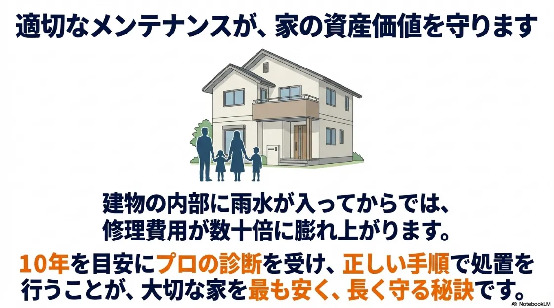 10年を目安としたプロの診断と正しいメンテナンスが建物の資産価値を守ることを伝えるイメージ画像