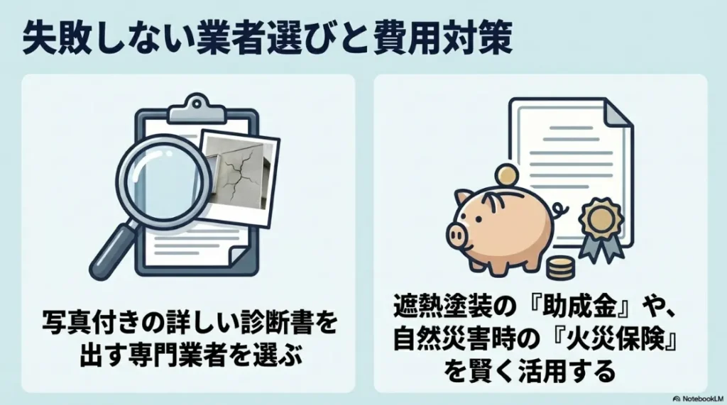 失敗しない業者選びと費用対策。写真付き診断書を出す業者選びや、助成金・火災保険の活用についての解説。