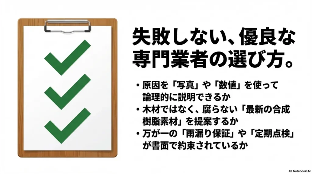 論理的な説明、最新素材の提案、保証の有無などのチェックリスト