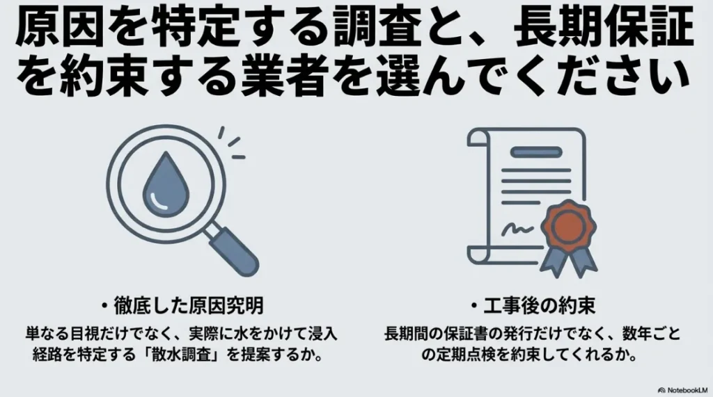 徹底した原因究明（散水調査）と長期保証・定期点検を約束する業者選びの重要性