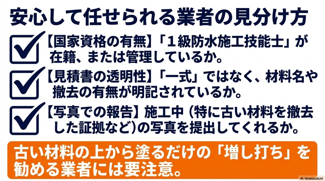 1級防水施工技能士の有無、見積書の透明性、写真による施工報告など業者選びの基準をまとめたチェックシート画像