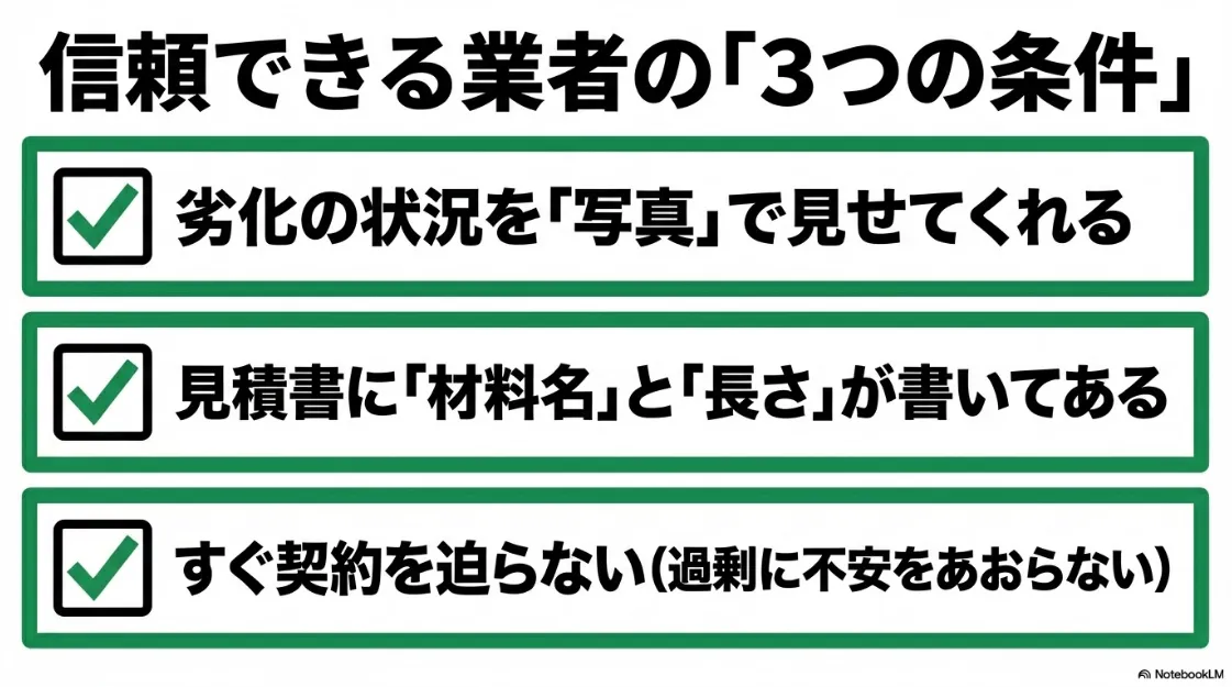 信頼できるシーリング業者の3つの条件:写真・見積・強引な契約なし