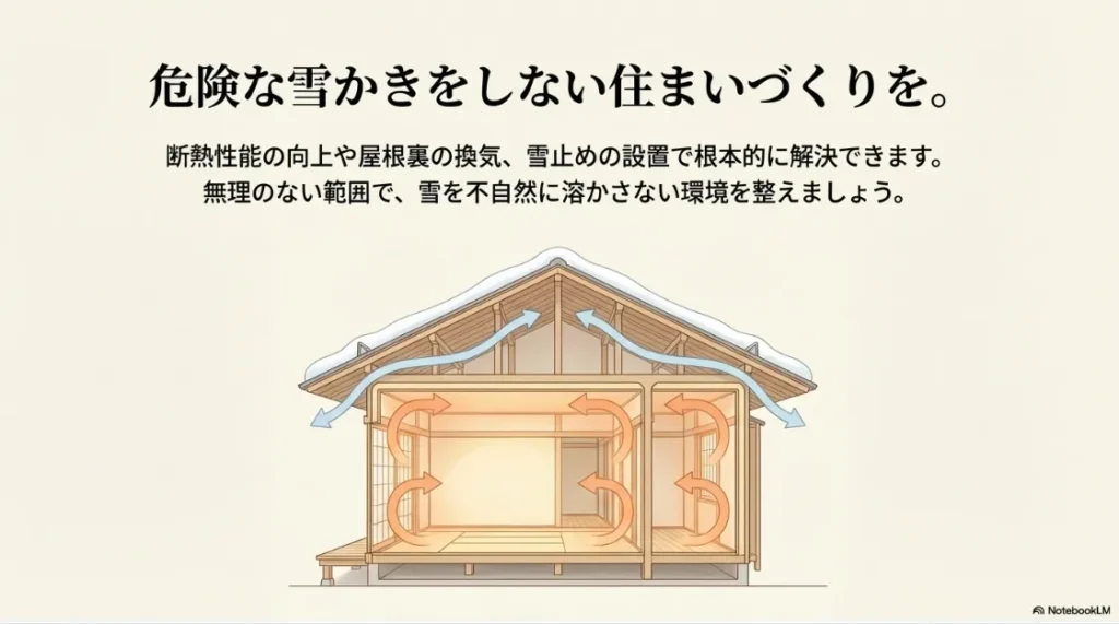 断熱性能の向上や屋根裏換気によって、雪を不自然に溶かさない住まいづくりのイメージ図