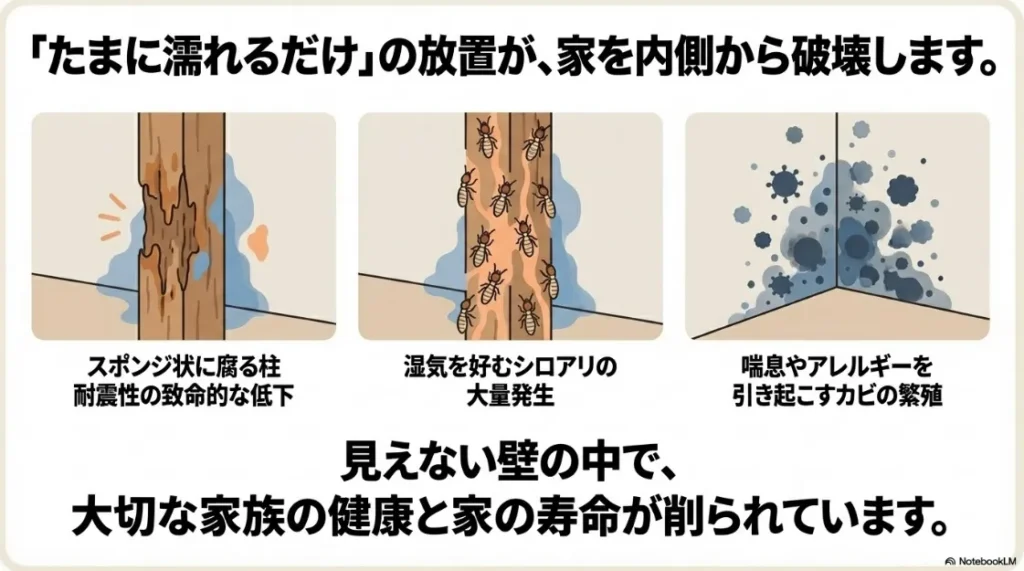 腐食した柱、シロアリ、壁のカビが発生しているイラスト