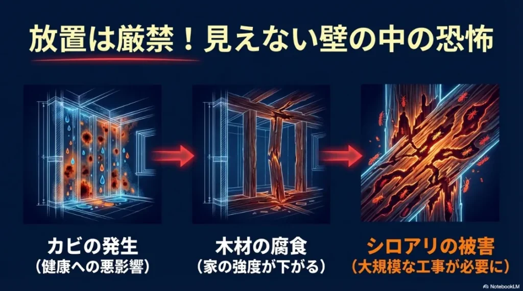 雨漏り放置による壁内部のカビ、木材の腐食、シロアリ被害等のリスク一覧