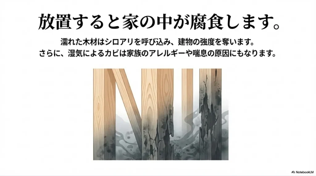 濡れた木材が腐食し、シロアリやカビの原因になる二次被害の恐ろしさを伝えるイラストスライド