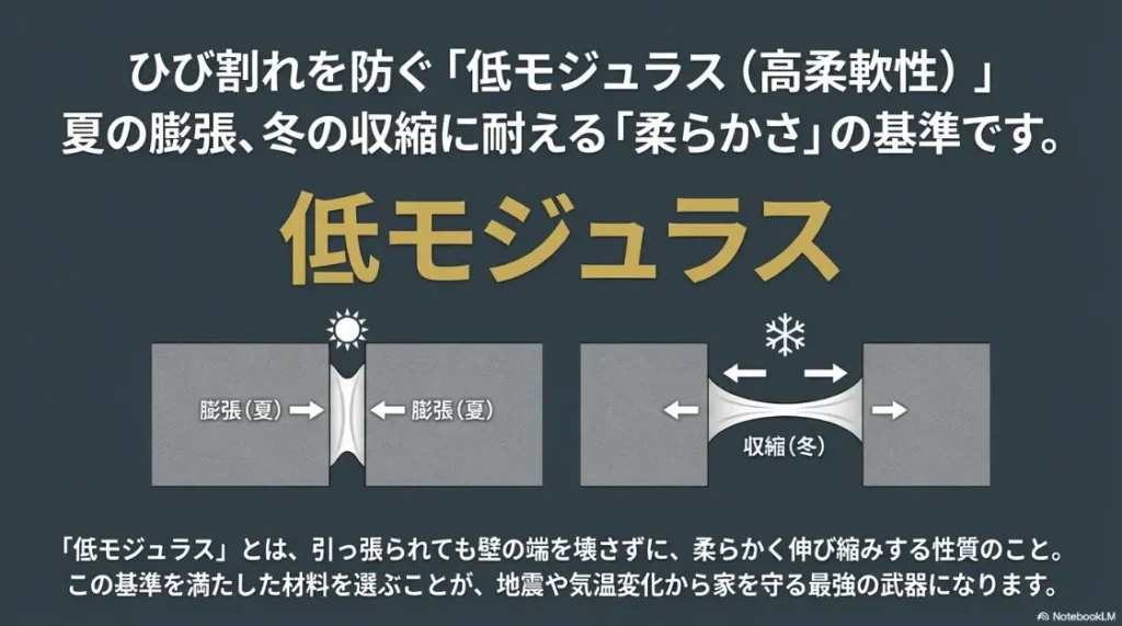 低モジュラス（高柔軟性）素材が、気温変化による外壁の伸縮に合わせて伸び縮みする仕組み