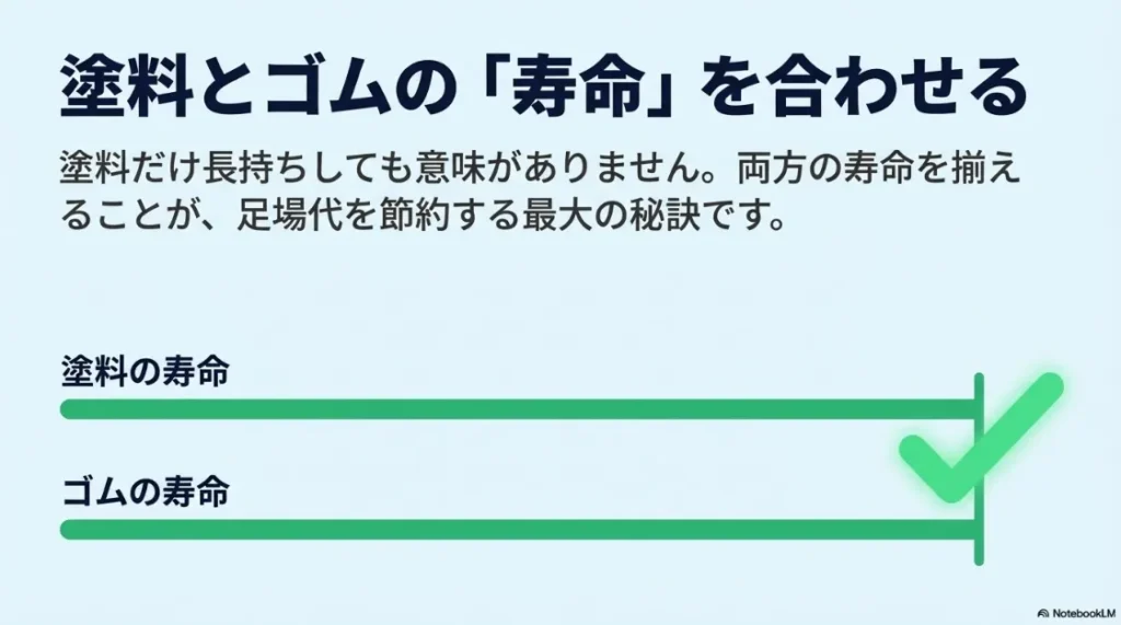 塗料の寿命とシーリング（ゴム）の寿命を合わせることが、将来の足場代を節約する秘訣であることを示す図解。