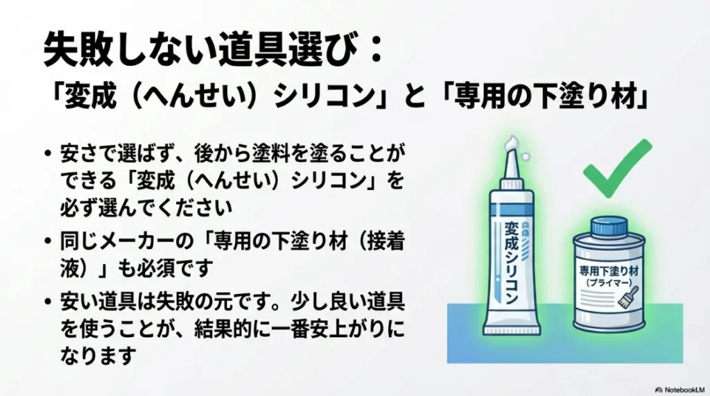 後から塗装ができる「変成シリコン」と、接着力を高める「専用下塗り材（プライマー）」の重要性を説明するスライド。