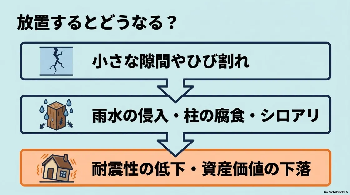 外壁の劣化を放置した場合のリスク。雨水の侵入、柱の腐食、シロアリ被害、耐震性の低下を説明するイラスト。