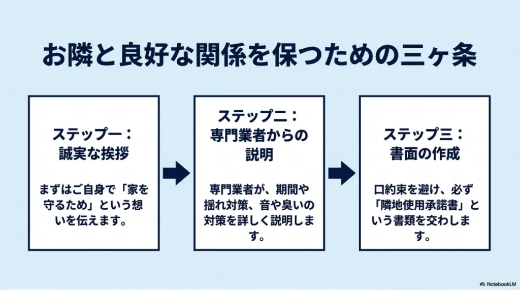 お隣と良好な関係を保つための3ステップ。誠実な挨拶、専門業者からの説明、書面(隣地使用承諾書)の作成を解説。