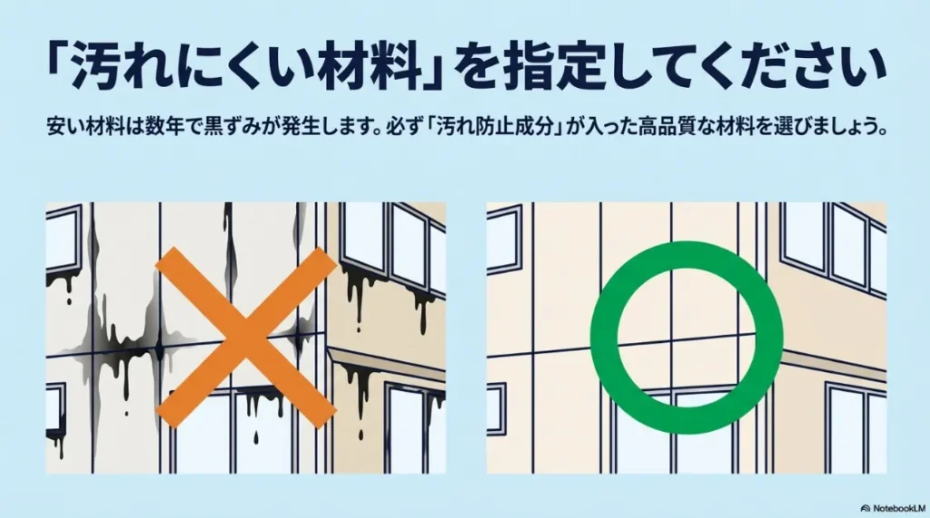 安い材料で発生する黒ずみ汚れ（ブリード現象）と、高品質な汚れ防止成分入り材料を使用した外壁の比較イメージ。