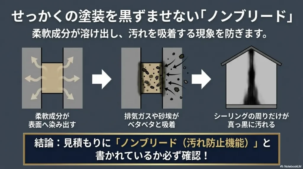 柔軟成分の染み出しによって汚れが吸着するブリード現象と、ノンブリードによる対策の図解