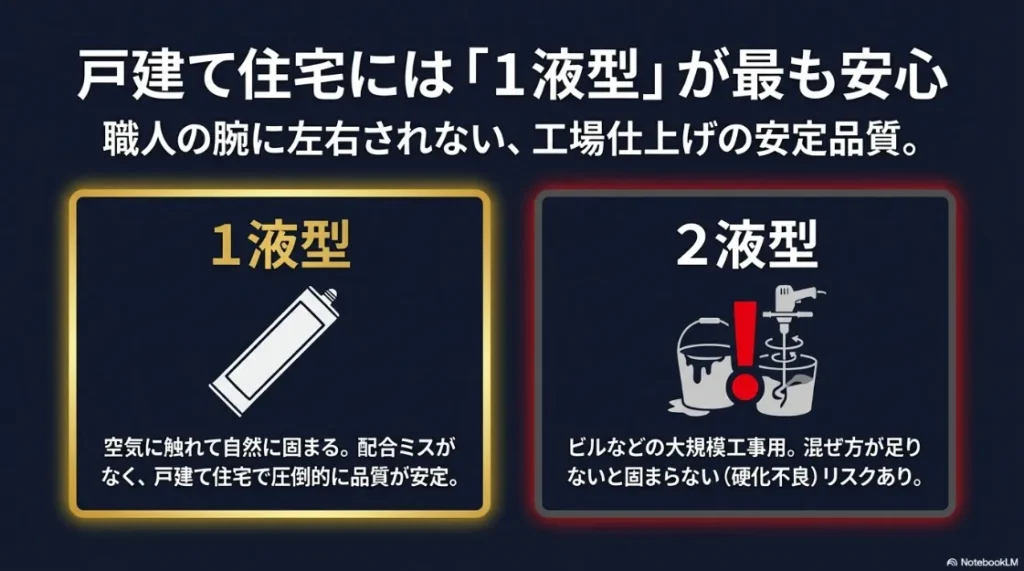 グ剤の違い」見出しの直後 戸建てに適した安定品質の1液型と、ビル等の大規模工事で使われる2液型の特徴比較