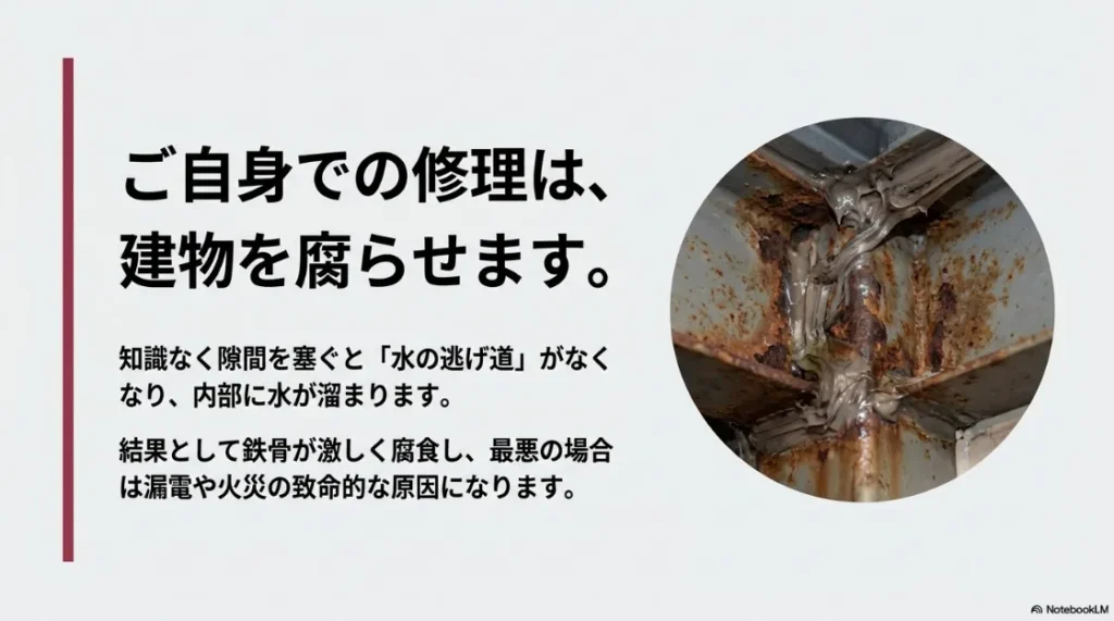 隙間を塞ぐことで水の逃げ道がなくなり、鉄骨が腐食するリスクを説明する画像