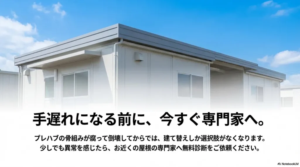 骨組みが腐食して倒壊する前に専門家へ相談を促すメッセージ