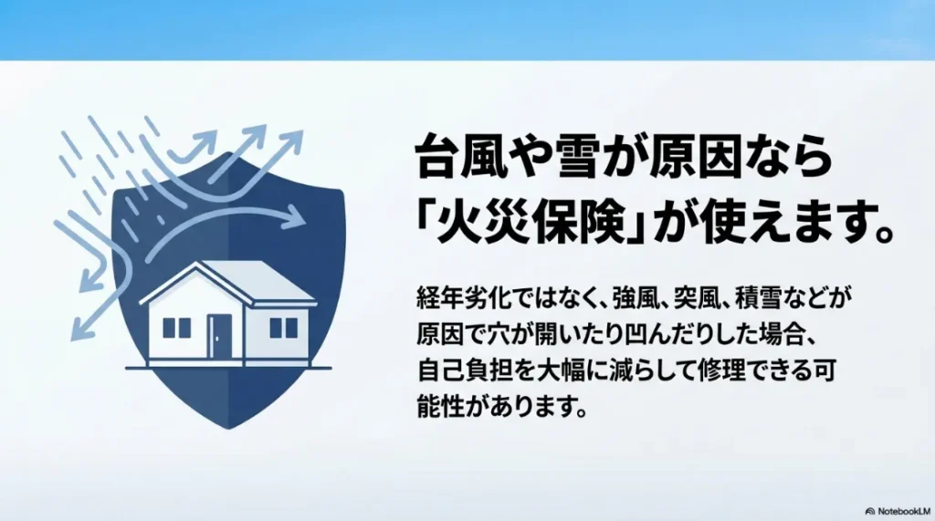 強風や積雪が原因の破損に火災保険が使える可能性についての説明