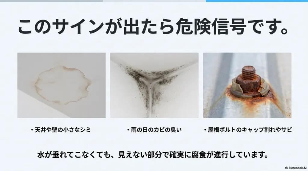 天井のシミやカビの臭い、屋根ボルトのサビなど雨漏りの初期サイン