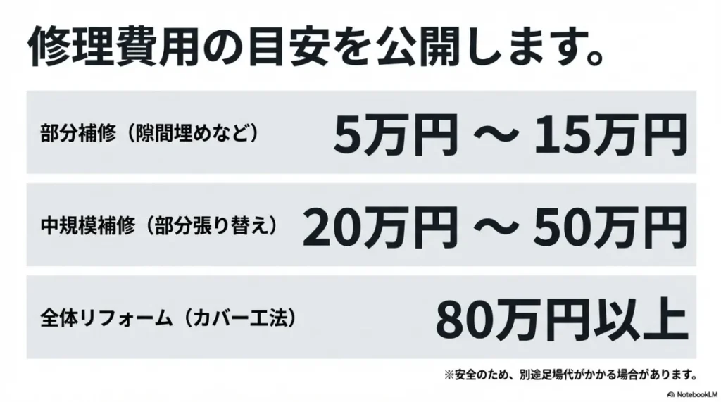 部分補修、中規模補修、カバー工法の費用相場一覧